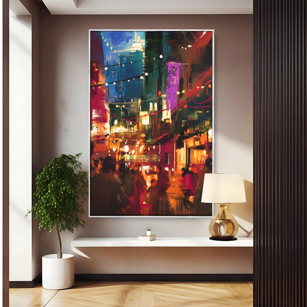 Tablou canvas cu tablou canvas cu peisaj urban nocturn, in rama de aluminiu argintiu